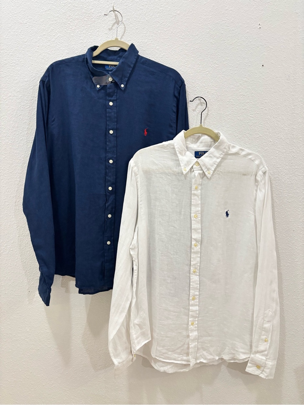 Polo Ralph Lauren White and Blue Linen Long Sleeve Button Up Shirts Size Large